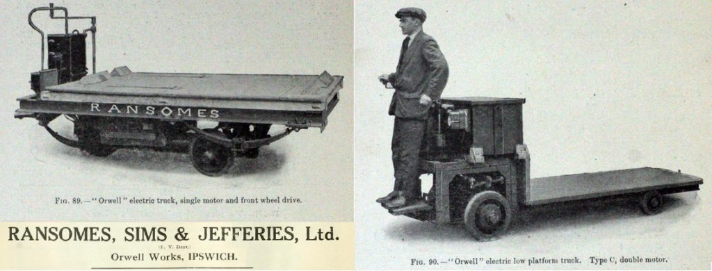 early battery powered hand carts, first forklifts, Ransom Sims Jefferies in Ipswitch England